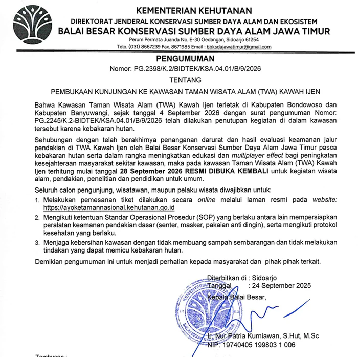 Surat Pengumuman Pembukaan Kawah Ijen 28 September 2026